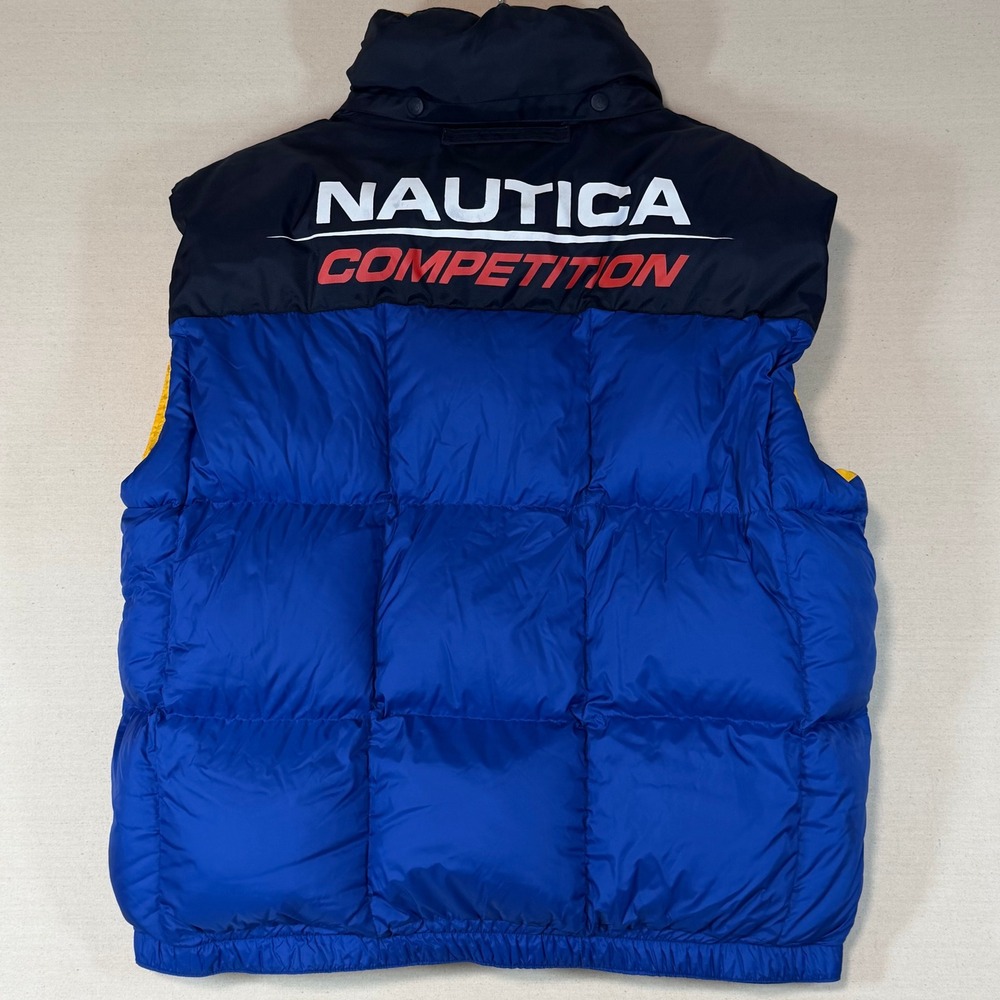 Vintage Nautica Competition Puffer Vest Mens XL Blue Yellow Down Hooded y2k